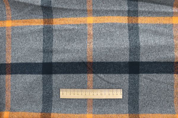 Пальтовая ткань "Микроворса" принт/клетка черно-оранжевая на сером 778-90135/C#8040-6