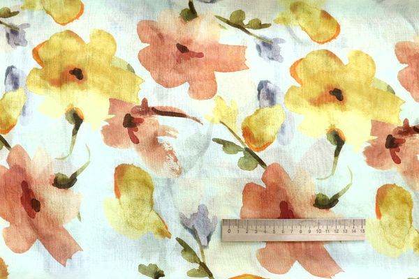 Органза принт/цветы желто-оранжевые на светло-зеленом 4080-PY/D#23/C#1