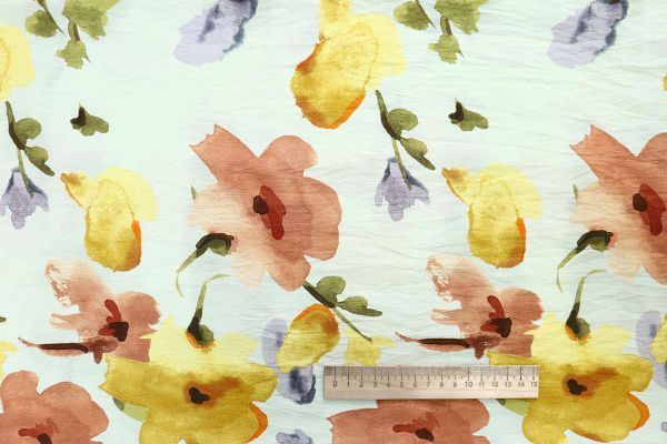 Лен БОХО принт/цветы желто-оранжевые на светло-зеленом 4079-PY/D#23/C#1