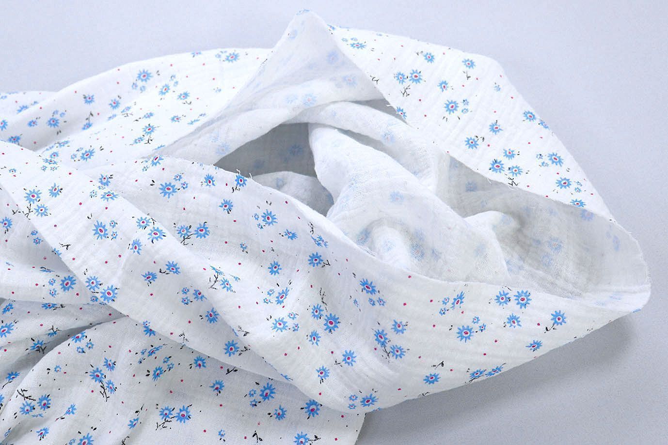 Муслин принт/цветы голубые на белом 1393-PY/D#6/C#2