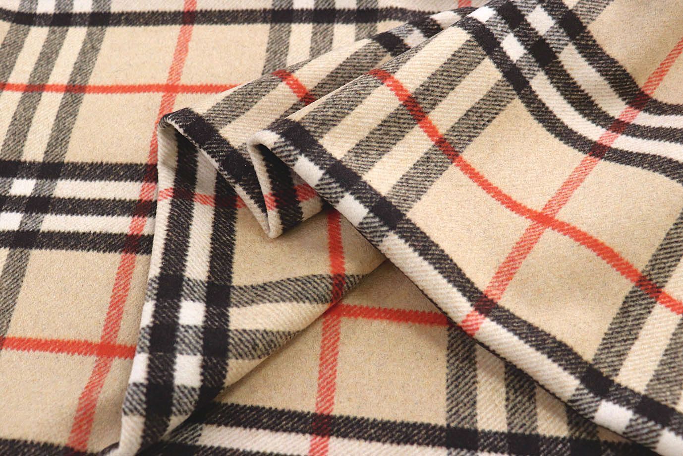 Пальтовая ткань "Микроворса" принт/клетка черно-коралловая на бежевом 778-90135/C#8004-1