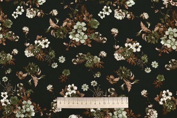 Штапель принт/цветы коричнево-зеленые на черном 4205-PY/D#9/C#1