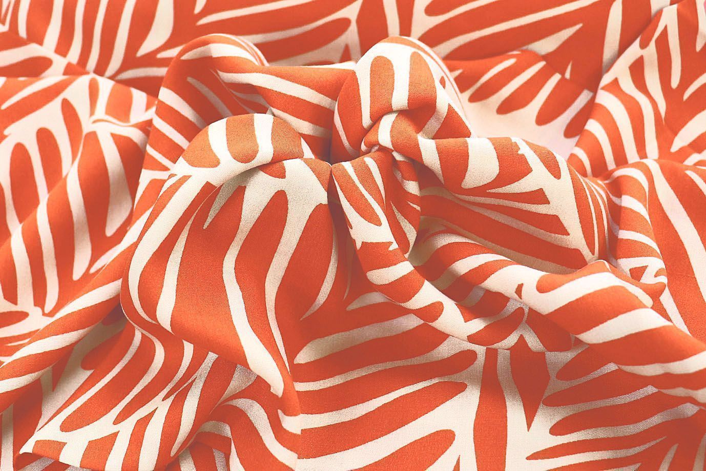 Штапель принт/листья оранжевые на белом 1374-PY/D#20/C#6