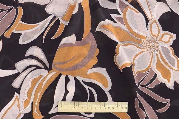 Шифон креп принт/цветы оранжево-бежевые на черном 3617-PY/D#8/C#1