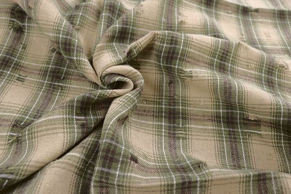 Рубашечная ткань рваная принт/клетка серо-зеленая на бежевом 1420-PY/C#3