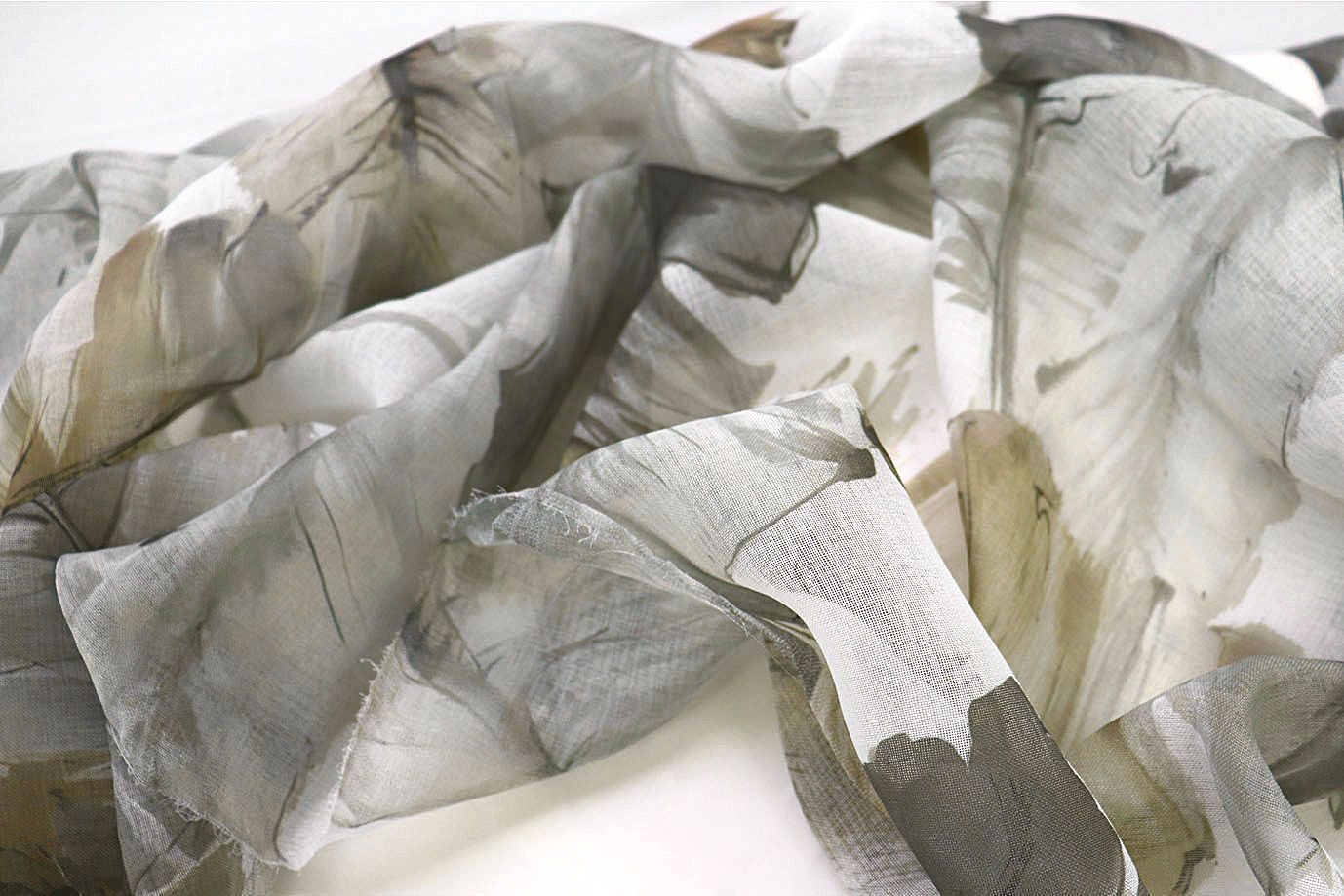 Тюль принт/листья серо-бежевый WBC23/C#15A