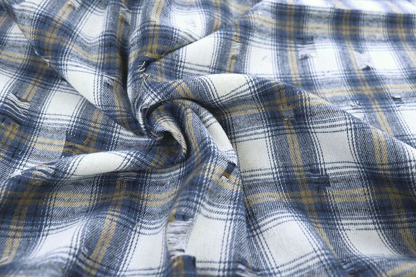 Рубашечная ткань рваная принт/клетка желто-синяя на белом 1420-PY/C#2