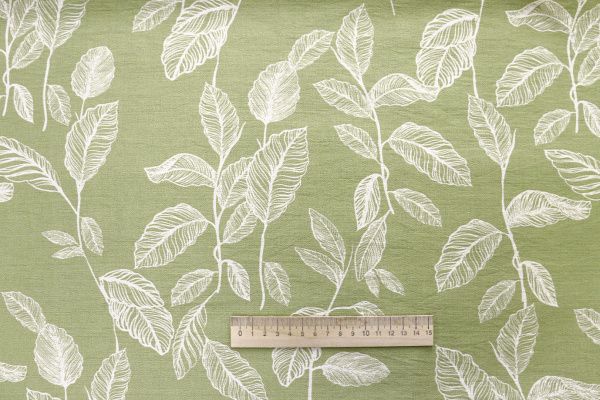 Лен БОХО принт/листья белые на лаймовом 4077-PY/D#19/C#2