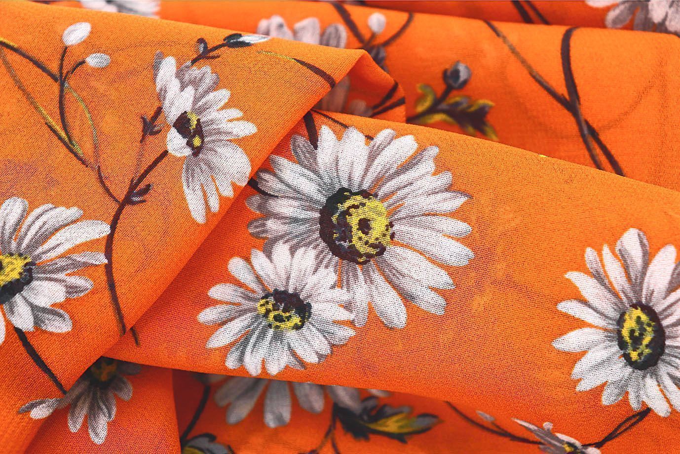 Шифон принт/цветы серо-белые на оранжевом 3707-PY/D#56/C#4