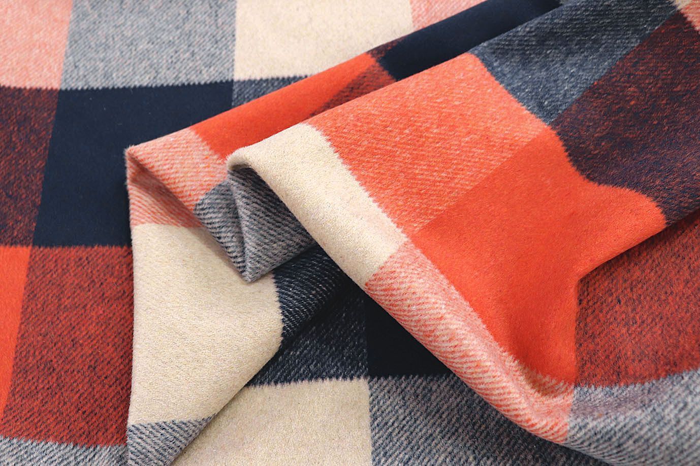 Пальтовая ткань "Микроворса" принт/клетка сине-коралловая на бежевом 778-90135/C#8011-1