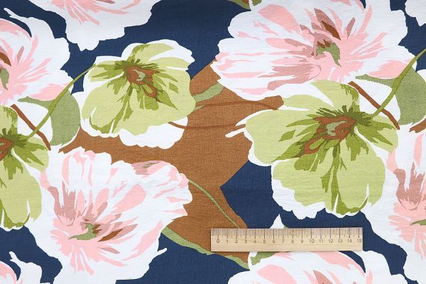 Лен БОХО принт/цветы зелено-розовые на темно-синем 3637-PY/D#3/C#1