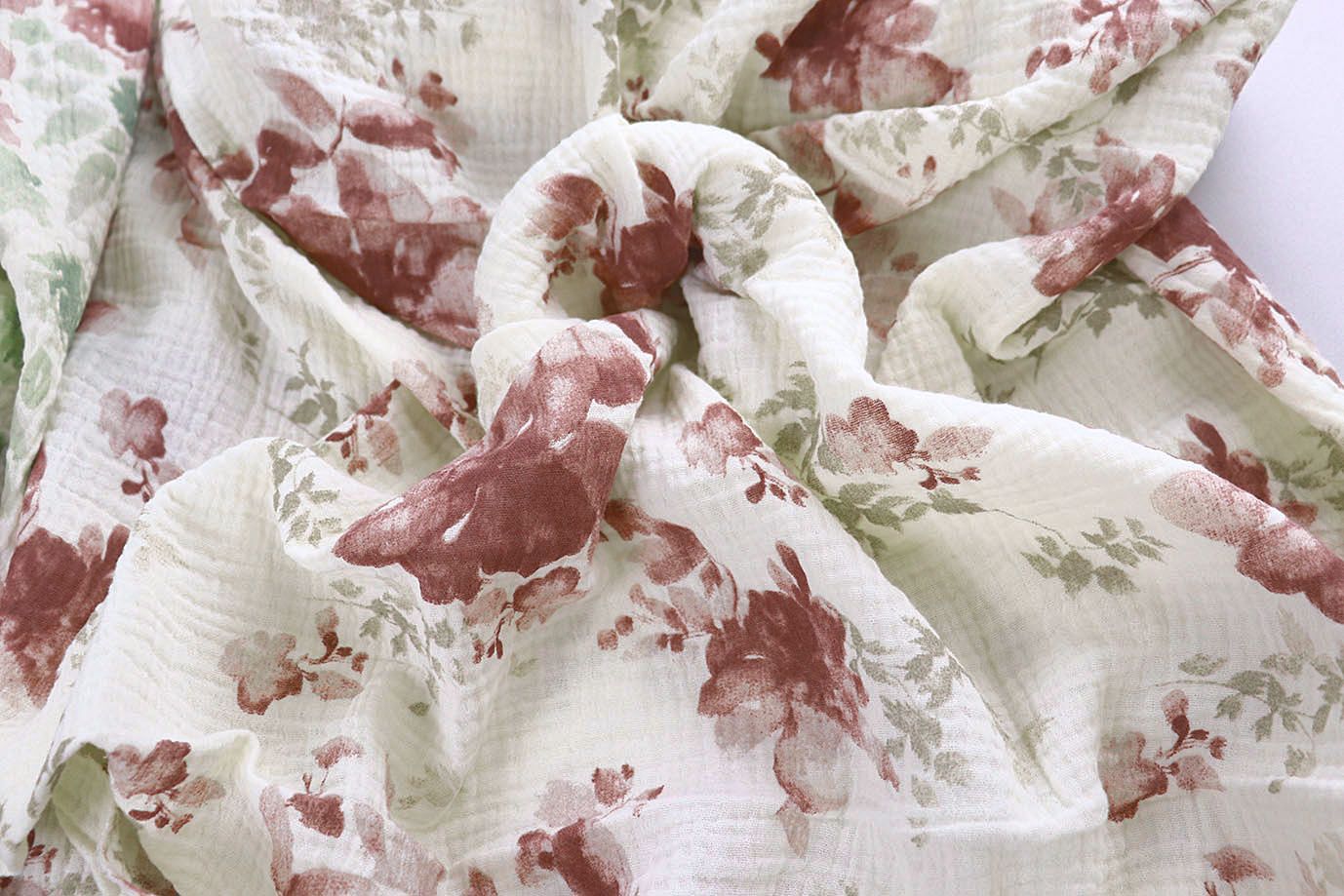 Муслин принт/цветы бордово-зеленые на молочном 4017-PY/D#14