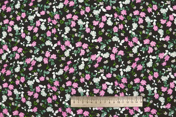 Штапель принт/цветы розово-зеленые на черном 4205-PY/D#65/C#1