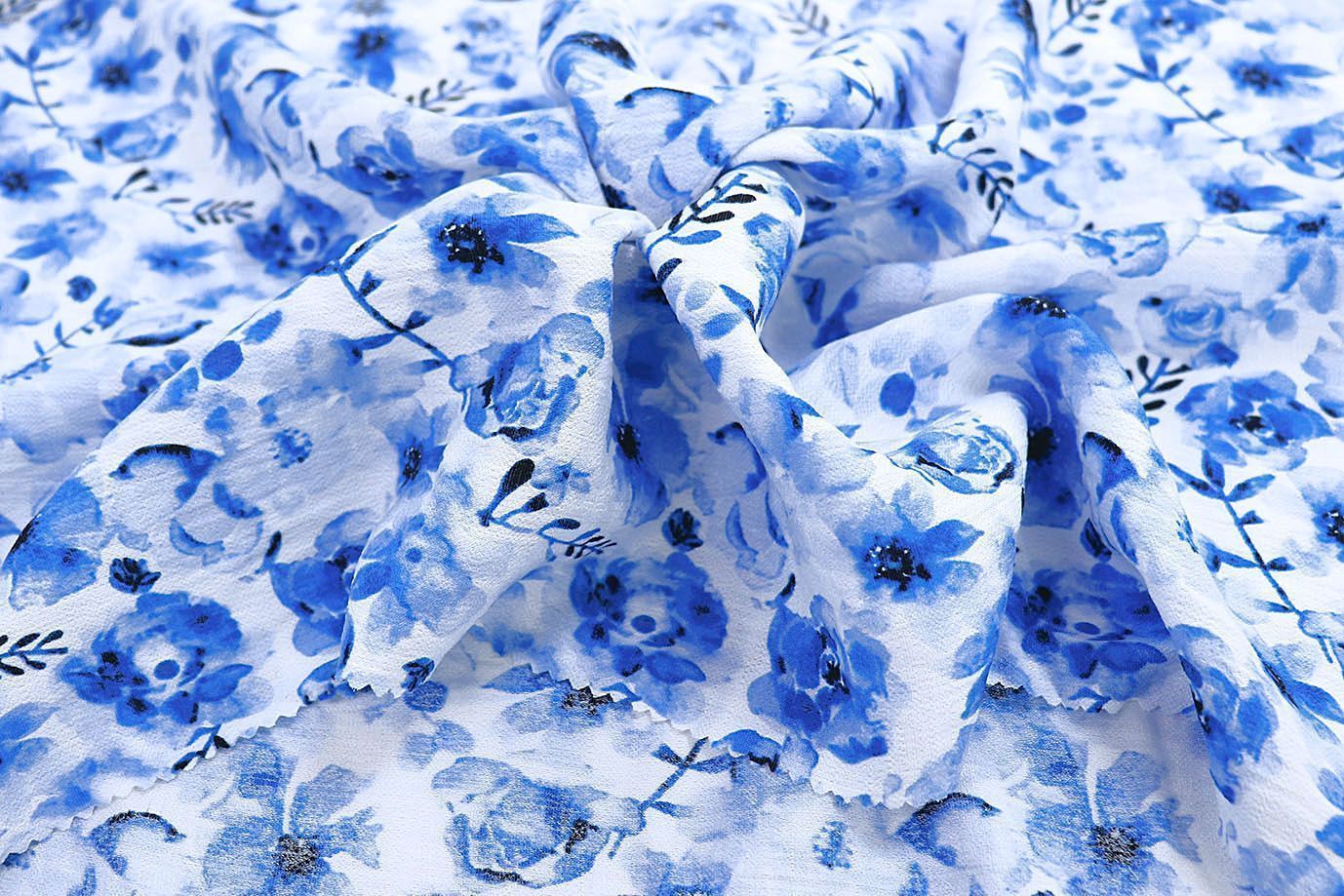 Лен БОХО принт/цветы синие на белом 3879-PY/D#6/C#1