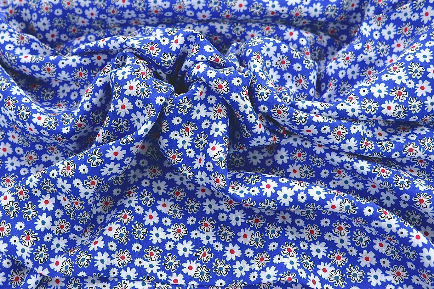 Штапель принт/цветы белые на синем 1374-PY/D#49/C#1