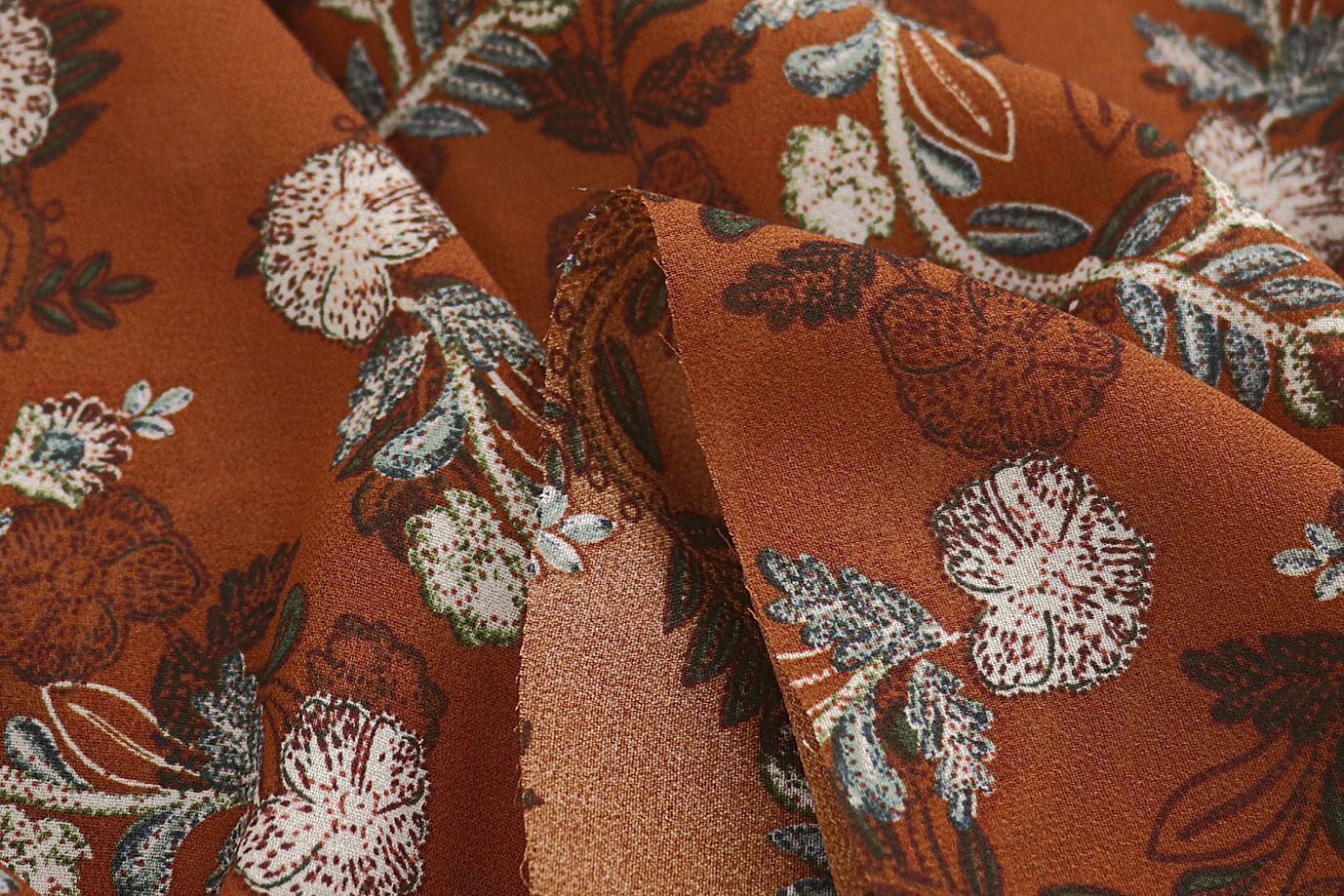 Шифон принт/цветы бежево-зеленые на горчичном 4247-PY/D#3/C#2