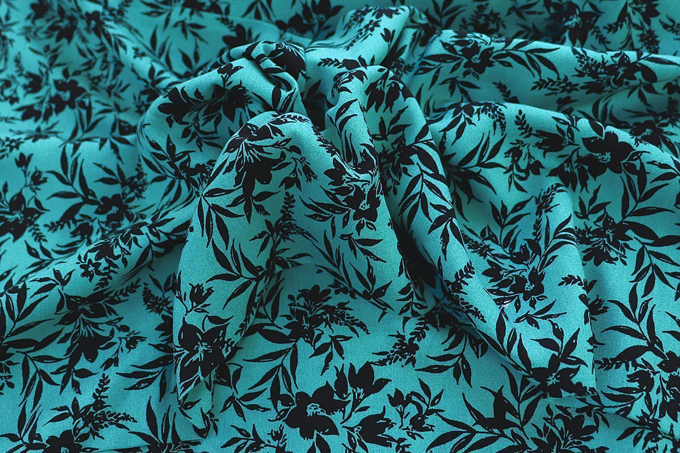 Штапель принт/цветы черные на бирюзовом 1374-PY/D#10/C#3