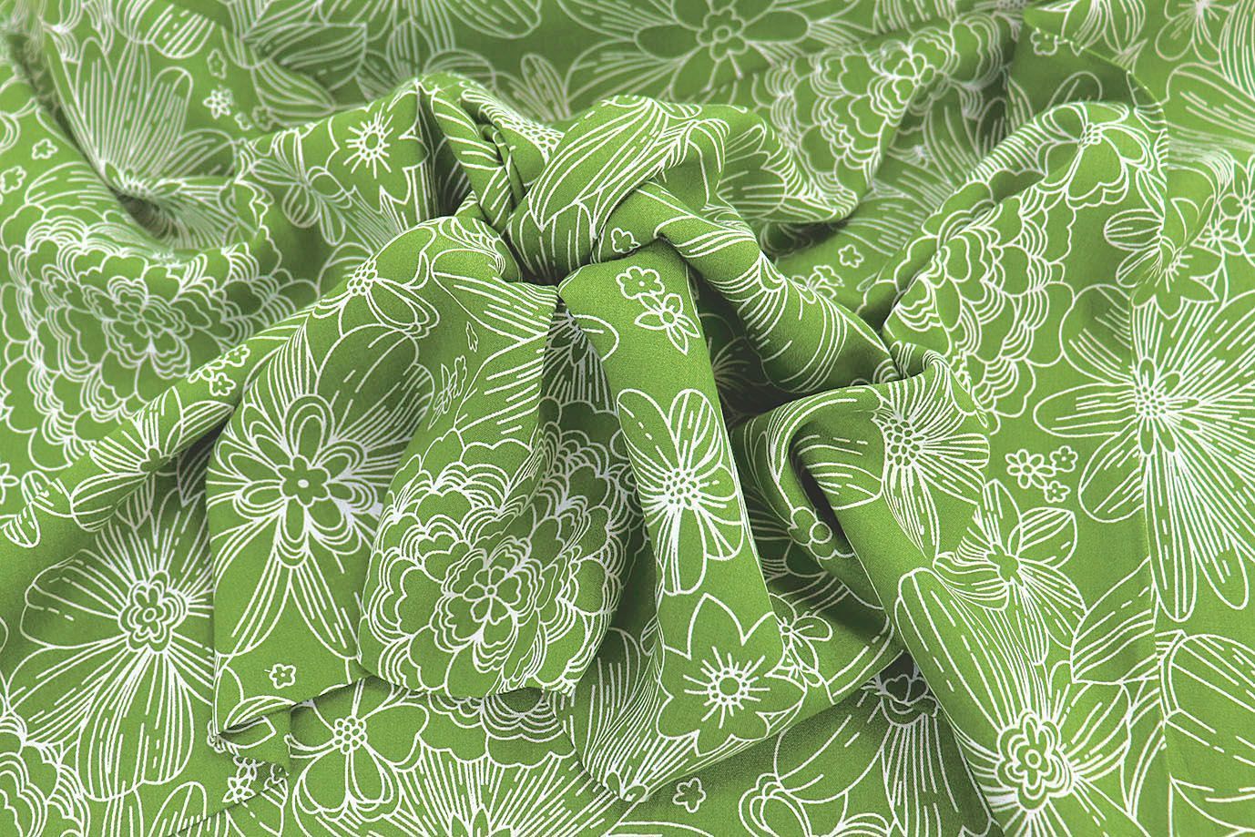 Штапель принт/цветы белые на зеленом 1374-PY/D#25/C#6