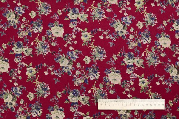 Штапель принт/цветы бежево-зеленые на бордовом 1466-PY/D#1/C#1