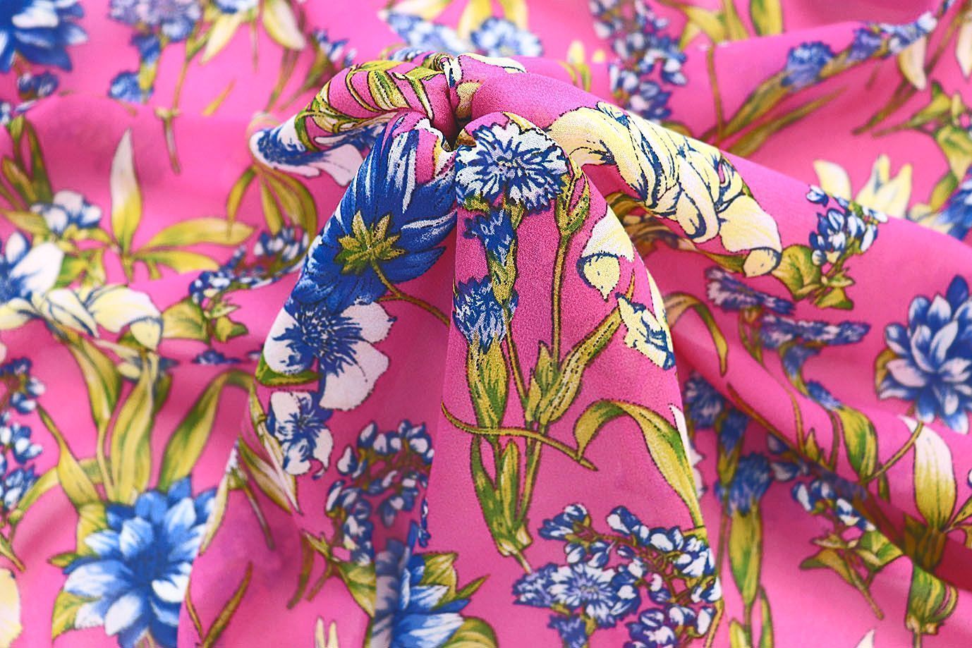 Шифон креп принт/цветы сине-желтые на розовом 3639-PY/D#19/C#1