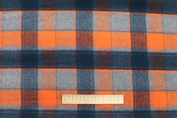 Пальтовая ткань "Микроворса" принт/клетка сине-оранжевая на сером 1150-21527/C#7 (3082)