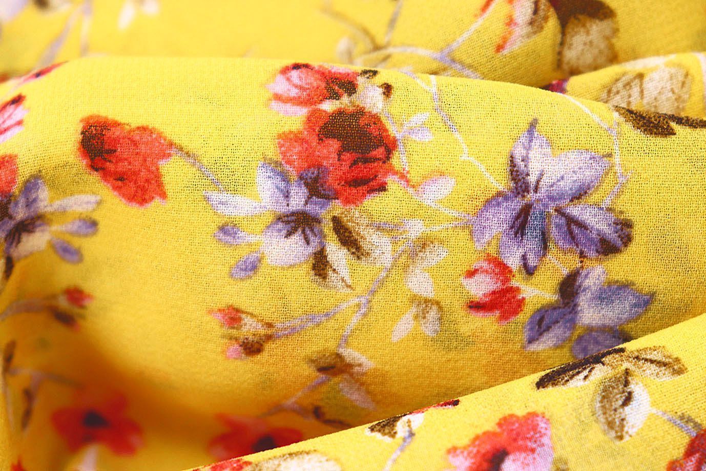Шифон принт/цветы красно-фиолетовые на желтом 3707-PY/D#49/C#2