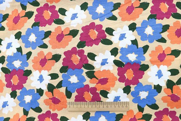 Лен БОХО принт/цветы на бежевом 3383-PY/D#9763-130/C#2