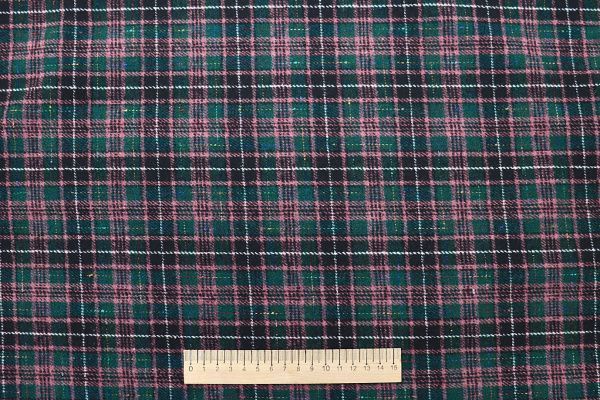 Пальтовая ткань принт/клетка черно-розовая на темно-зеленом 908-9210/C#2