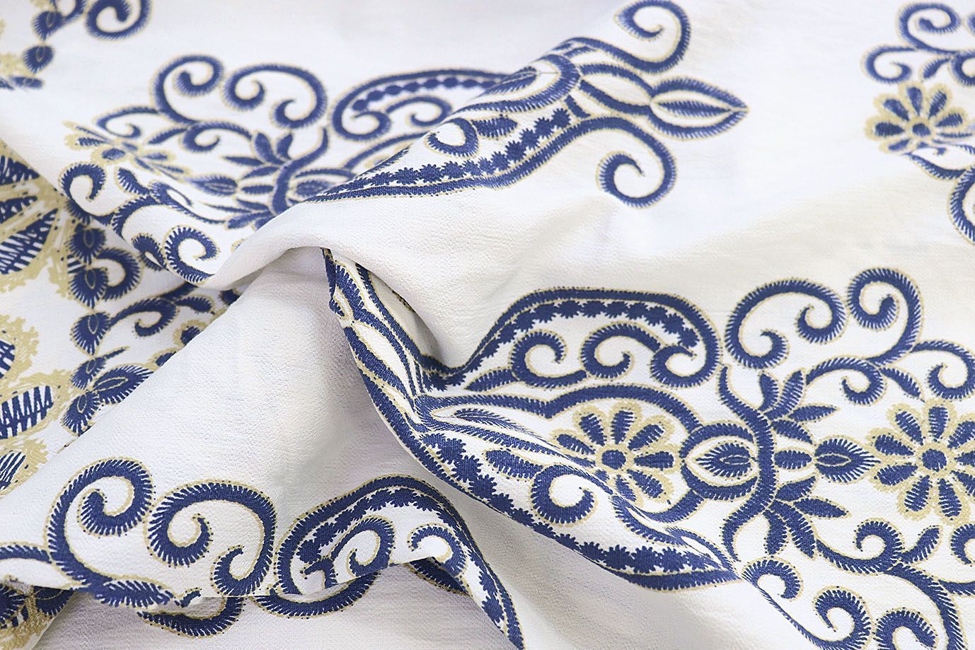 Лен БОХО принт/узор сине-бежевый на белом 3857-PY/D#3/C#1