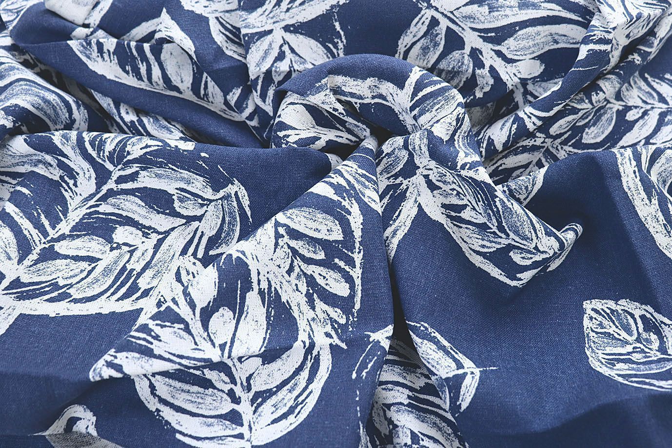 Лен принт/листья белые на синем 4076-PY/D#1/C#2