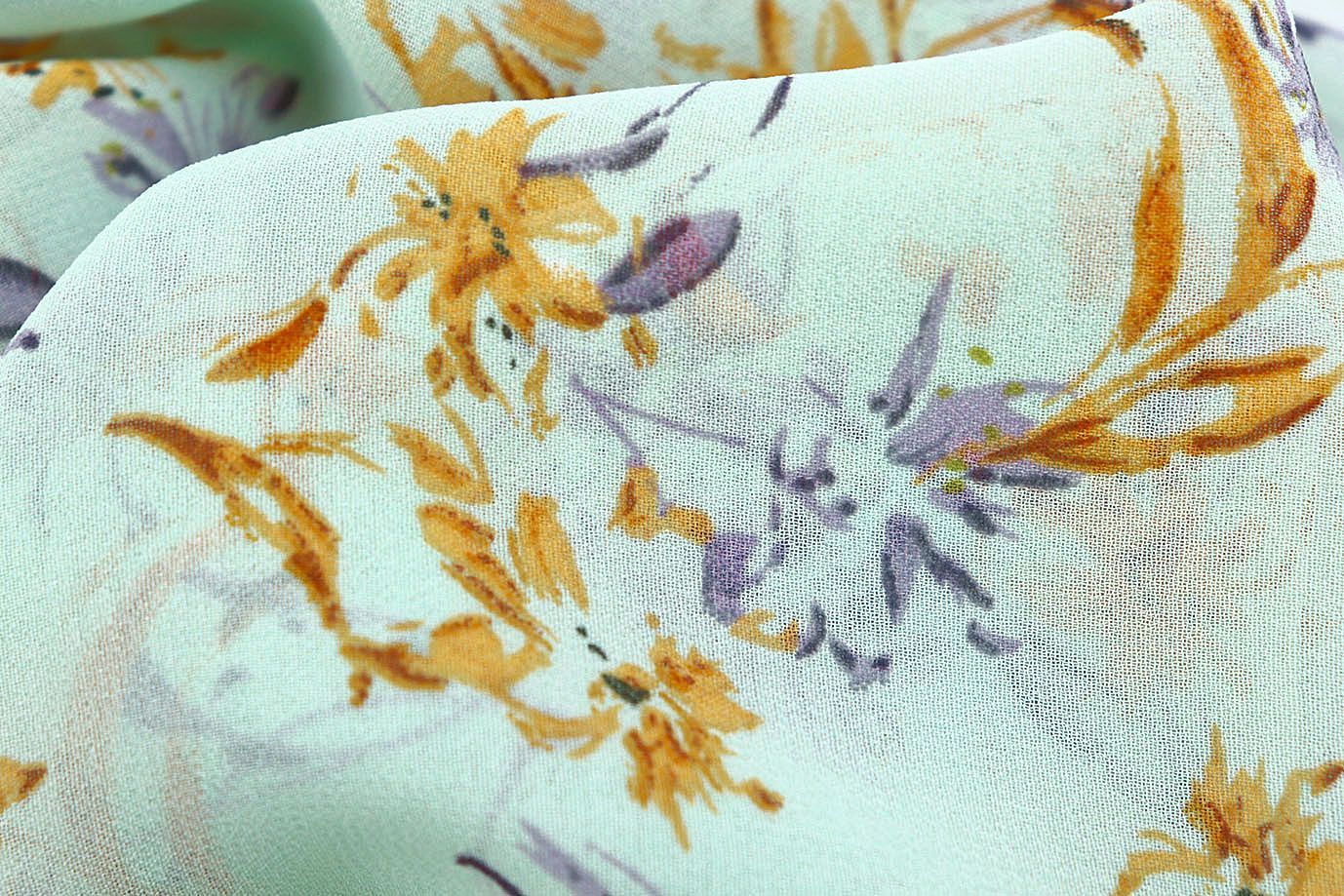 Шифон принт/цветы оранжево-фиолетовые на бирюзовом 3707-PY/D#14/C#3