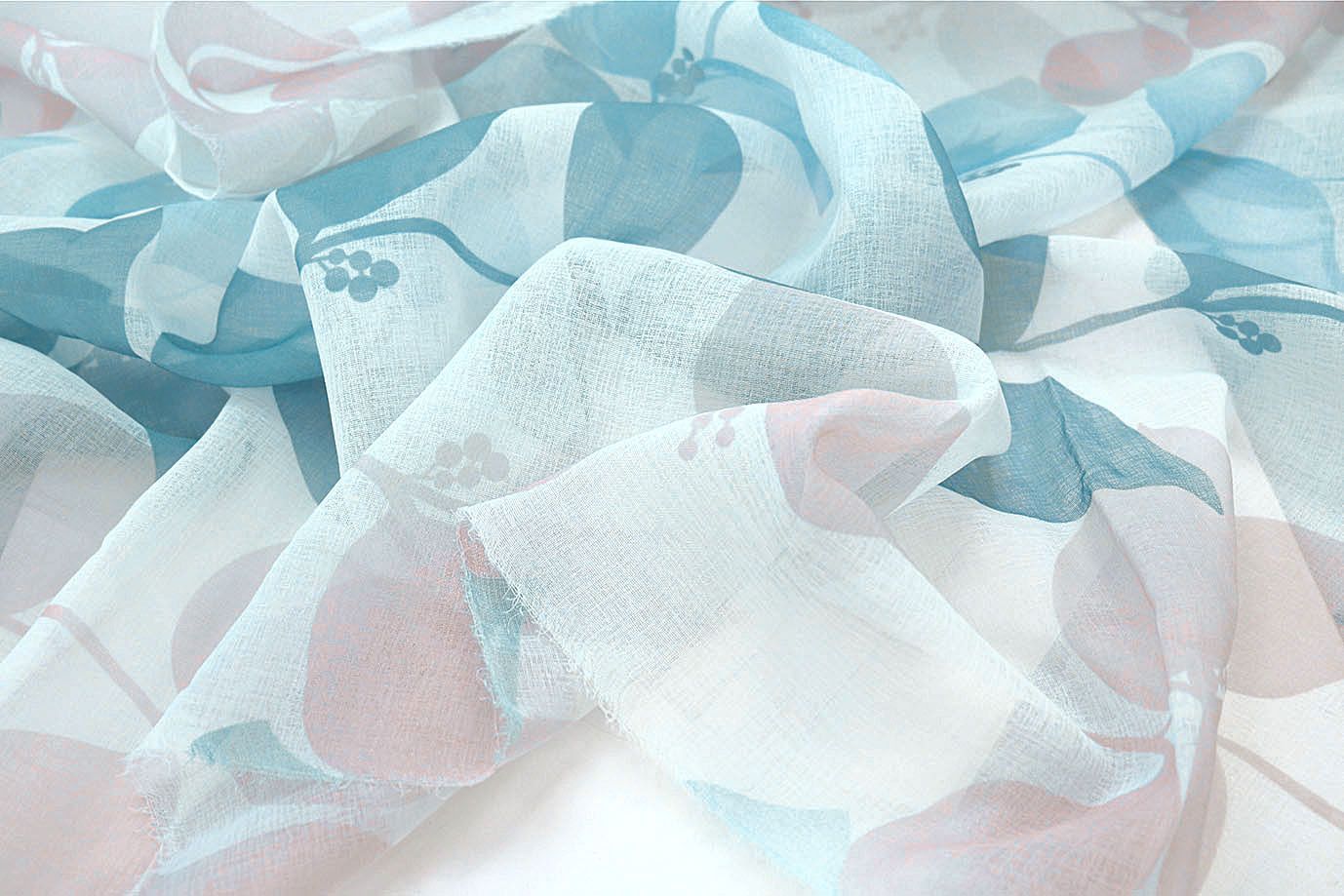 Тюль принт/листья бирюзово-розовые WBC23/C#8A