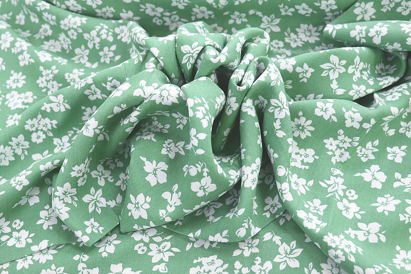 Штапель принт/цветы белые на зеленом 1374-PY/D#33/C#5