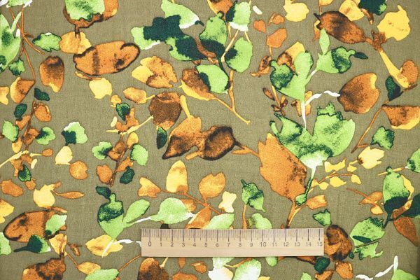 Шифон креп принт/листья желто-зеленые на фоне болотном 3639-PY/D#18/C#1