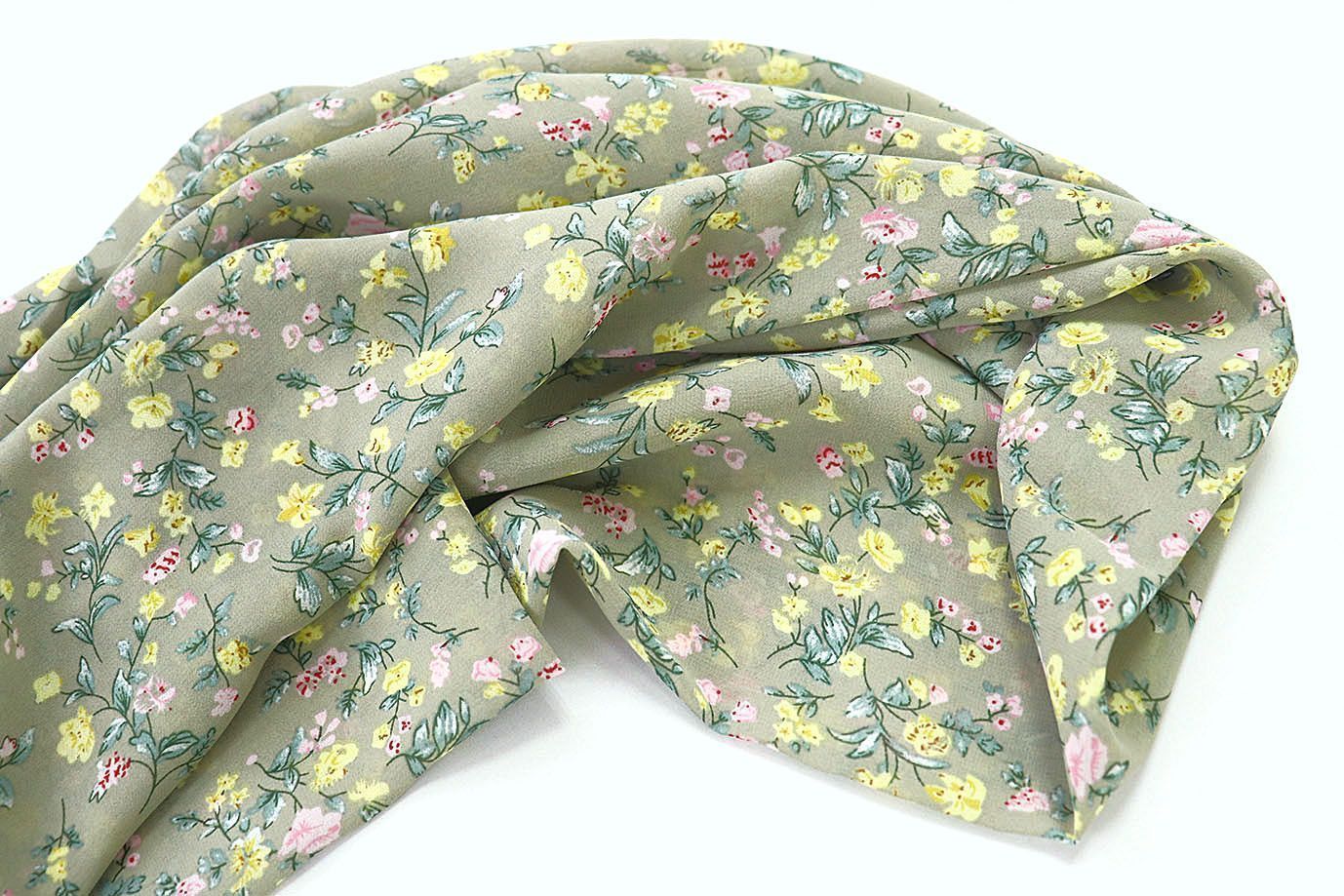 Шифон принт/цветы желто-белые на серо-бежевом 3707-PY/D#46/C#3