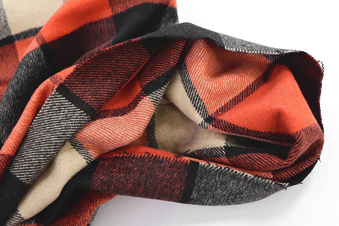 Пальтовая ткань "Микроворса" принт/клетка черно-коралловая на бежевом 778-90135/C#8008-2