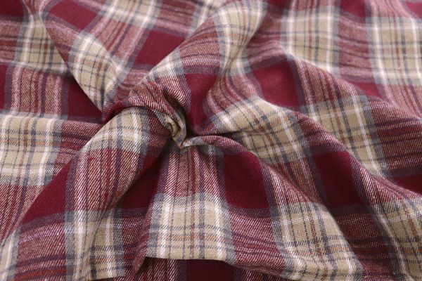 Рубашечная ткань принт/клетка бежевая на бордовом 1418-PY/D#4/C#3