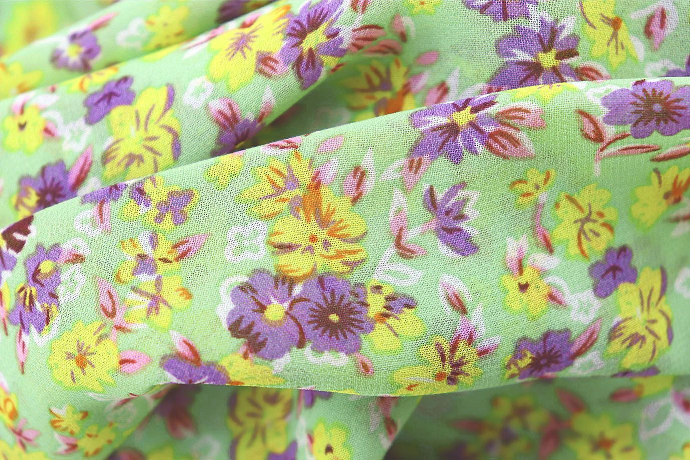 Шифон принт/цветы желто-фиолетовые на светло-зеленом 3707-PY/D#42/C#2