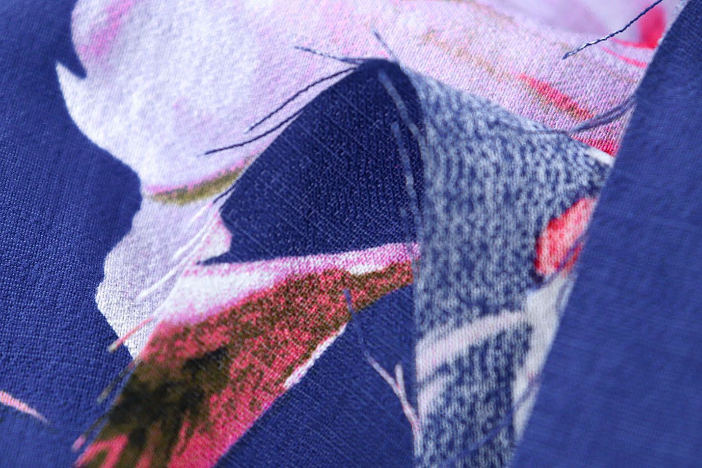 Лен БОХО принт/цветы коралловые на синем 3383-PY/D#9768-287/C#2