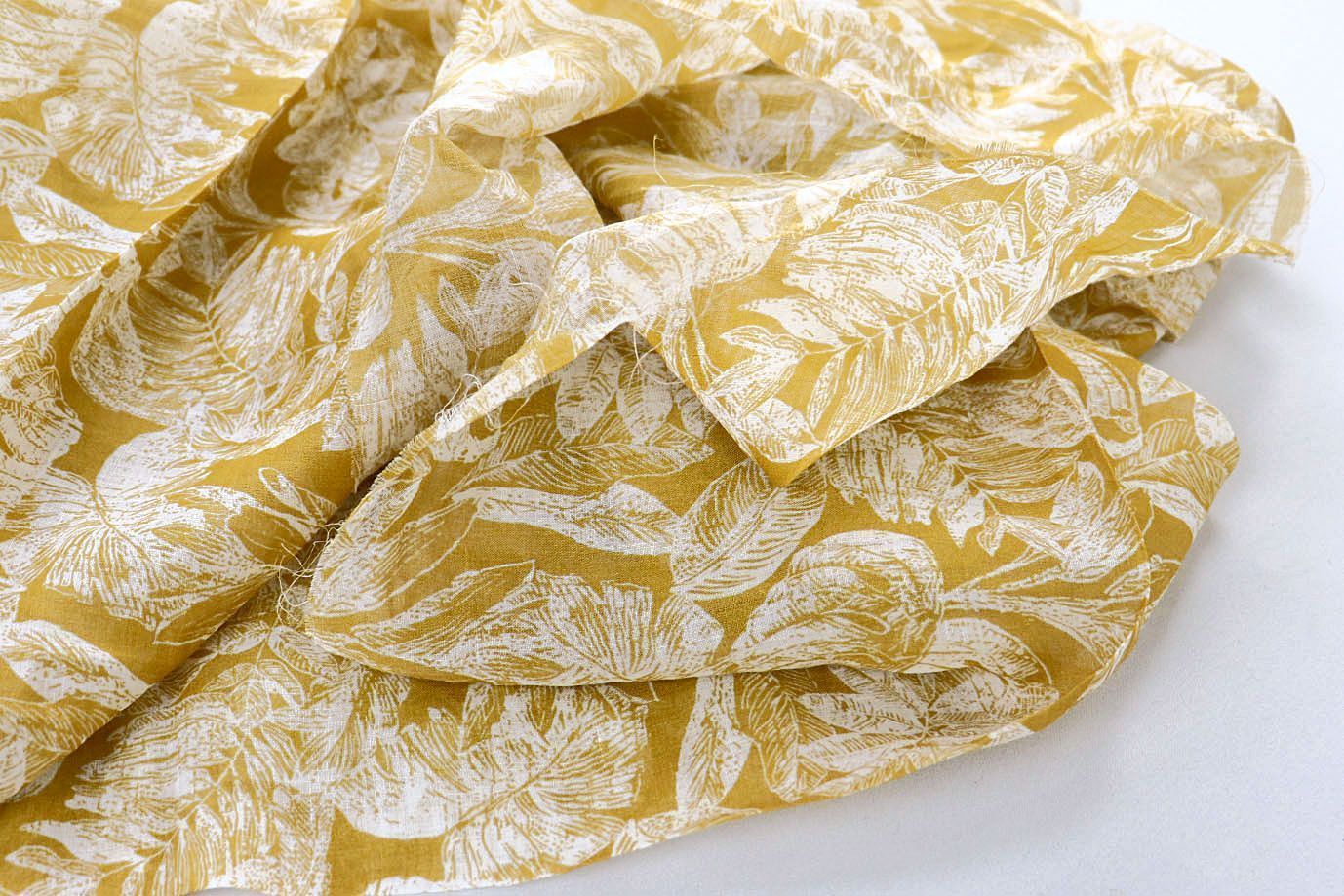 Вуаль-лен принт/листья белые на желтом 4038-1-PY/D#1/C#1