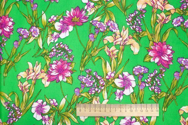 Шифон креп принт/цветы розово-желтые на зеленом 3639-PY/D#19/C#2