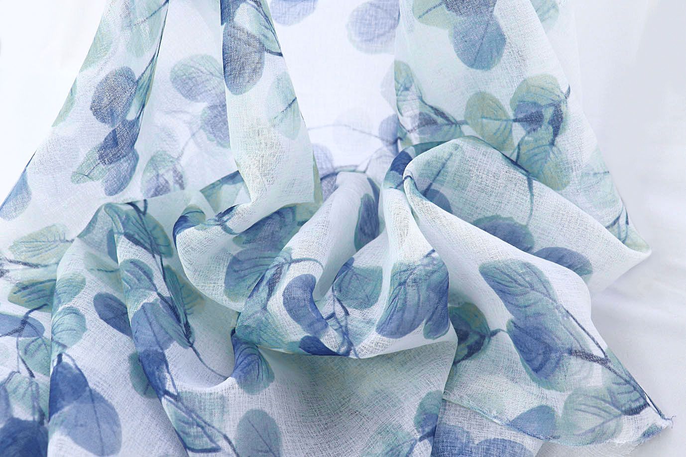 Тюль принт/листья сине-голубые WBC23/C#10C