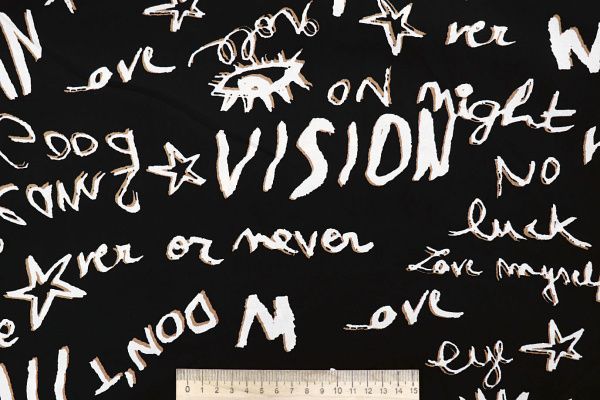 Штапель принт/надписи бело-бежевые на черном 4203-PY/D#20/C#1