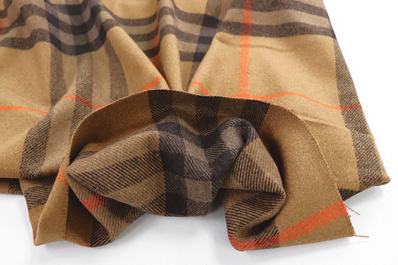 Пальтовая ткань "Микроворса" принт/клетка черно-оранжевая на светло-коричневом 1150-21527/C#2 (3082)