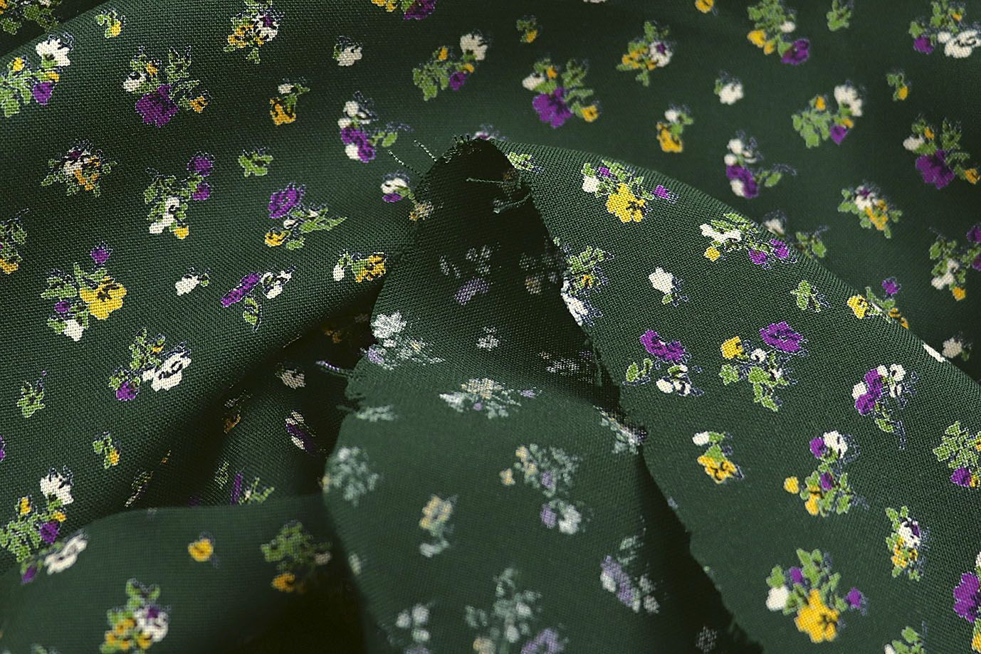 Штапель принт/цветы желто-фиолетовые на зеленом 1466-PY/D#2/C#4