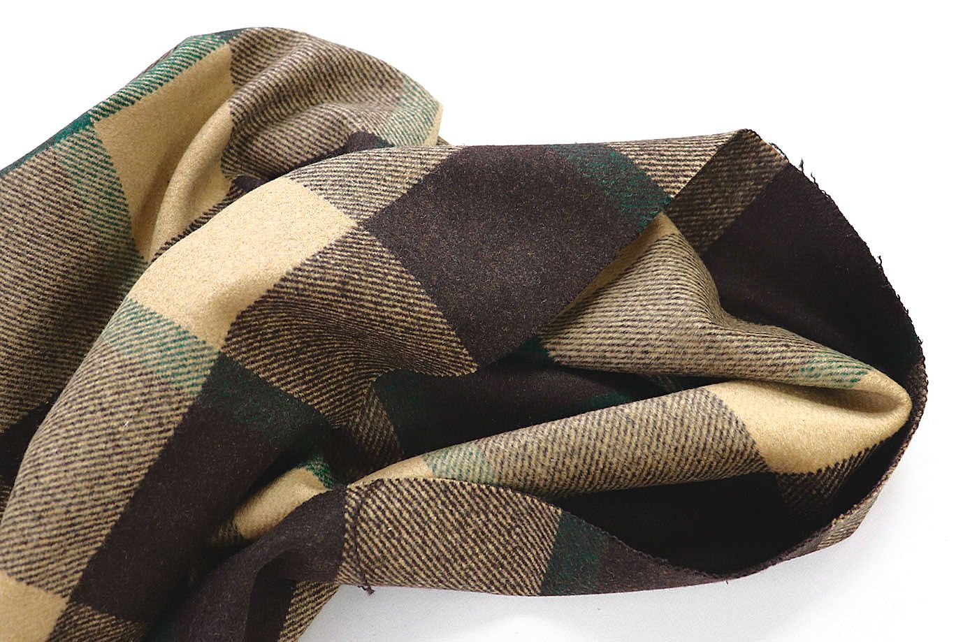 Пальтовая ткань "Микроворса" принт/клетка коричнево-зеленая на бежевом 778-90135/C#8033-7