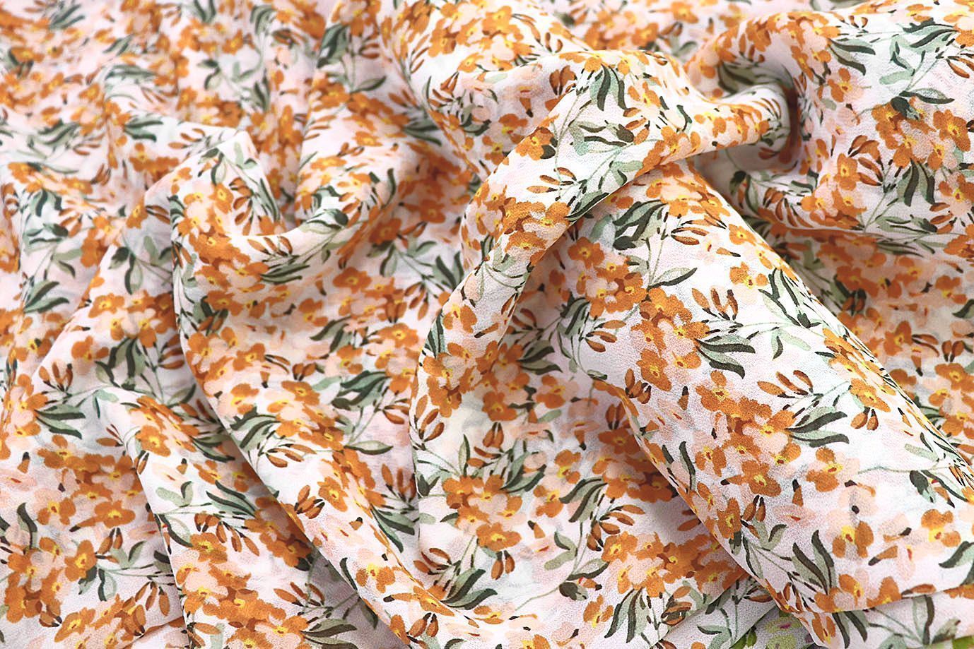 Шифон креп принт/цветы оранжевые на белом 3618-PY/D#7/C#2