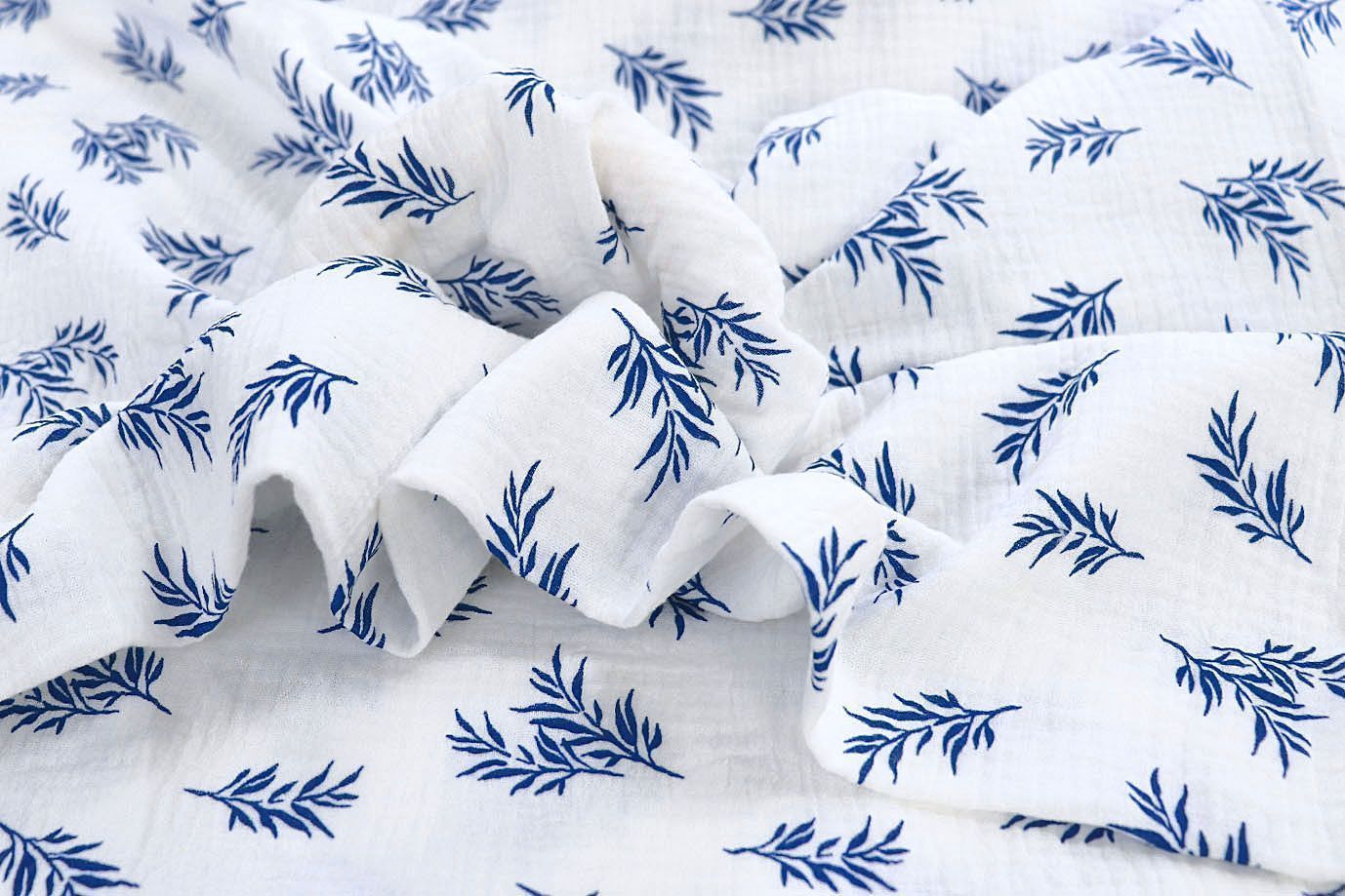Муслин принт/листья синие на белом 1393-PY/D#14/C#2