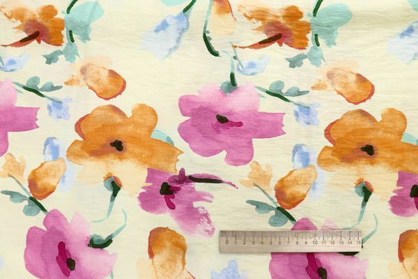 Лен БОХО принт/цветы пурпурно-оранжевые на салатном 4079-PY/D#23/C#3