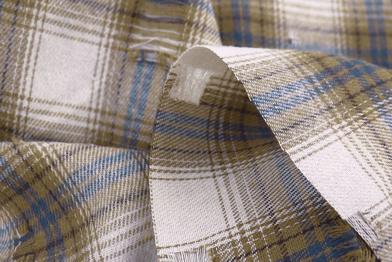 Рубашечная ткань рваная принт/клетка серо-синяя на молочном 1420-PY/C#1